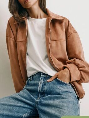 Women's Tan Suede-Look Bomber Jacket - Modern Zip Front